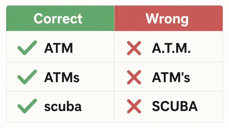 Acronym writing style rules — correct versus incorrect examples with checkmarks and crosses